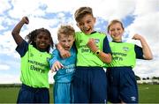 23 May 2022; In attendance the launch of the INTERSPORT Elverys FAI Summer Soccer Schools are, from left, Marwa Babiker, Will Hawkins, Freddie McDonagh and Estelle O'Connor at the FAI Headquarters in Abbotstown, Dublin. Photo by Harry Murphy/Sportsfile