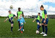23 May 2022; Chiedozie Ogbene and Rianna Jarrett with Jason Burnett, Will Hawkins and Eoin Hawkins during the launch of the INTERSPORT Elverys FAI Summer Soccer Schools at the FAI Headquarters in Abbotstown, Dublin. Photo by Harry Murphy/Sportsfile
