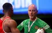 23 May 2022; Coach Damian Kennedy with Gabriel Dossen of Ireland after his Middleweight 71-75kg Round of 32 bout against Miguel Cuadrado Entrena of Spain during the EUBC Elite Men's European Boxing Championships Preliminary Rounds at Karen Demirchyan Sports and Concerts Complex in Yerevan, Armenia. Photo by Hrach Khachatryan/Sportsfile