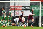 23 May 2022; Ryan Brennan of Drogheda United celebrates after scoring his side's first goal during the SSE Airtricity League Premier Division match between Drogheda United and Shamrock Rovers at Head in the Game Park in Drogheda, Louth. Photo by Ben McShane/Sportsfile