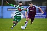 23 May 2022; Danny Mandroiu of Shamrock Rovers in action against Georgie Poynton of Drogheda United during the SSE Airtricity League Premier Division match between Drogheda United and Shamrock Rovers at Head in the Game Park in Drogheda, Louth. Photo by Ben McShane/Sportsfile