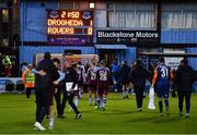 23 May 2022; A general view of the scoreboard as the Drogheda United players make their way off the pitch after their victory in the SSE Airtricity League Premier Division match between Drogheda United and Shamrock Rovers at Head in the Game Park in Drogheda, Louth. Photo by Ben McShane/Sportsfile