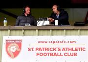 23 May 2022; LOI TV commentators Jamie Moore, left, and Gary Rogers during the SSE Airtricity League Premier Division match between St Patrick's Athletic and Bohemians at Richmond Park in Dublin. Photo by Piaras Ó Mídheach/Sportsfile