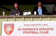 23 May 2022; LOI TV commentators Jamie Moore, left, and Gary Rogers during the SSE Airtricity League Premier Division match between St Patrick's Athletic and Bohemians at Richmond Park in Dublin. Photo by Piaras Ó Mídheach/Sportsfile