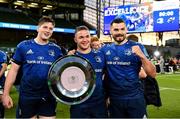 21 May 2022; Leinster players, from left, Joe McCarthy, Scott Penny and Max Deegan after their side's victory in the United Rugby Championship match between Leinster and Munster at the Aviva Stadium in Dublin. Photo by Harry Murphy/Sportsfile