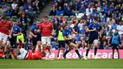 21 May 2022; Jordan Larmour of Leinster makes a break during the United Rugby Championship match between Leinster and Munster at Aviva Stadium in Dublin. Photo by Brendan Moran/Sportsfile