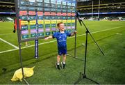 21 May 2022; Cillian Cronin, son of Seán Cronin of Leinster, attempts to be 'interviewed' at a TV flash position after the United Rugby Championship match between Leinster and Munster at Aviva Stadium in Dublin. Photo by Brendan Moran/Sportsfile