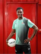 24 May 2022; St Patrick's Athletic player James Abankwah poses for a portrait at the Football for Unity festival launch at Richmond Park in Dublin. The six weeks long festival, organised by SARI and Dublin NEIC, will once again showcase the potential of football as an educational tool which can bring communities together and promote social inclusion for newcomers to Ireland. Photo by Ramsey Cardy/Sportsfile