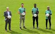 24 May 2022; In attendance at the Football for Unity festival launch at Richmond Park in Dublin, are, from left, Former Republic of Ireland manager Brian Kerr, NEIC Community Sport & Wellness co-ordinator and former Dublin football Michael Darragh Macauley, St Patrick's Athletic player James Abankwah and Suad Mooge, SARI Youth Leader. The six weeks long festival, organised by SARI and Dublin NEIC, will once again showcase the potential of football as an educational tool which can bring communities together and promote social inclusion for newcomers to Ireland. Photo by Ramsey Cardy/Sportsfile