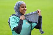 24 May 2022; Suad Mooge, SARI Youth Leader, poses for a portrait at the Football for Unity festival launch at Richmond Park in Dublin. The six weeks long festival, organised by SARI and Dublin NEIC, will once again showcase the potential of football as an educational tool which can bring communities together and promote social inclusion for newcomers to Ireland. Photo by Ramsey Cardy/Sportsfile