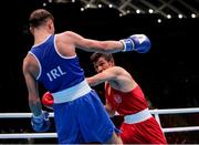 24 May 2022; Dylan Eagleson of Ireland, left, in action against Muhammet Sacli of Turkey after their bantamweight round of 16 bout during the EUBC Elite Men's European Boxing Championships Preliminary Rounds at Karen Demirchyan Sports and Concerts Complex in Yerevan, Armenia. Photo by Hrach Khachatryan/Sportsfile
