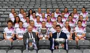 24 May 2022; In attendance at the launch of the 2022 TG4 All-Ireland Ladies Football Championships, at Croke Park are, back row, from left, Aimee Mackin of Armagh, Cathy Carey of Antrim, Orla Devitt of Clare, Meghan Doherty of Down, Fiona Coyle of Westmeath, Laura Fitzpatrick of Cavan, Grace Clifford of Kildare, Aimee Kelly of Laois, Andrea Gordon of Fermanagh, fourth row, from left, Róisín Ambrose of Limerick, Clare Owens of Leitrim, Louise Monaghan of Longford, Shannen McLaughlin of Louth, Róisín Ennis of Offaly, Laura Fleming of Roscommon, Ruth Bermingham of Carlow, third row, from left, Claire Dunne of Sligo, Emma Hegarty of Tyrone, Karen McGrath of Waterford, Maria Curley of Tipperary, Jayne Drury of Monaghan, Róisín Murphy of Wexford, Sarah Jane Winders of Wicklow, second row, from left, Kathryn O'Sullivan of Mayo, Niamh McLaughlin of Donegal, Maire O'Callaghan of Cork, Orlagh Lally of Meath, Carla Rowe of Dublin, Olivia Divilly of Galway, Anna Galvin of Kerry, front row, TG4 Director General Alan Esslemont, left, and LGFA President Mícheál Naughton. TG4 has today announced a five-year extension of their sponsorship of the All-Ireland Ladies Football inter-county championships, with the new deal set to last until the conclusion of the 2027 season. The 2022 TG4 All-Ireland Ladies Football Championships get underway next Sunday, May 29, with the first round of Intermediate Fixtures, and will conclude on Sunday, July 31, when the winners of the Junior, Intermediate & Senior Championships will be revealed. 13 Championship games will be broadcast exclusively live by TG4 throughout the season, with the remaining 47 games available to view on the LGFA and TG4’s dedicated online platform: https://page.inplayer.com/lgfaseason2022/tg4.html In addition, the TG4 Leinster Senior Final between Dublin and Meath will also be televised live by TG4 from Croke Park next Saturday, May 28. #ProperFan . Photo by Eóin Noonan/Sportsfile