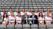 24 May 2022; In attendance at the launch of the 2022 TG4 All-Ireland Ladies Football Championships, at Croke Park are, intermediate players, back row, from left, Grace Clifford of Kildare, Louise Monaghan of Longford, Shannen McLaughlin of Louth, Róisín Ennis of Offaly, Laura Fleming of Roscommon, Sarah Jane Winders of Wicklow, Róisín Murphy of Wexford, Aimee Kelly of Laois, front row, from left, Orla Devitt of Clare, Meghan Doherty of Down, Emma Hegarty of Tyrone, TG4 Director General Alan Esslemont, LGFA President Mícheál Naughton, Claire Dunne of Sligo and Clare Owens of Leitrim. TG4 has today announced a five-year extension of their sponsorship of the All-Ireland Ladies Football inter-county championships, with the new deal set to last until the conclusion of the 2027 season. The 2022 TG4 All-Ireland Ladies Football Championships get underway next Sunday, May 29, with the first round of Intermediate Fixtures, and will conclude on Sunday, July 31, when the winners of the Junior, Intermediate & Senior Championships will be revealed. 13 Championship games will be broadcast exclusively live by TG4 throughout the season, with the remaining 47 games available to view on the LGFA and TG4’s dedicated online platform: https://page.inplayer.com/lgfaseason2022/tg4.html In addition, the TG4 Leinster Senior Final between Dublin and Meath will also be televised live by TG4 from Croke Park next Saturday, May 28. #ProperFan . Photo by Eóin Noonan/Sportsfile