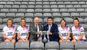 24 May 2022; In attendance at the launch of the 2022 TG4 All-Ireland Ladies Football Championships, at Croke Park are, junior players, from left, Cathy Carey of Antrim, Róisín Ambrose of Limerick, TG4 Director General Alan Esslemont, LGFA President Mícheál Naughton, Ruth Bermingham of Carlow and Andrea Gordon of Fermanagh. TG4 has today announced a five-year extension of their sponsorship of the All-Ireland Ladies Football inter-county championships, with the new deal set to last until the conclusion of the 2027 season. The 2022 TG4 All-Ireland Ladies Football Championships get underway next Sunday, May 29, with the first round of Intermediate Fixtures, and will conclude on Sunday, July 31, when the winners of the Junior, Intermediate & Senior Championships will be revealed. 13 Championship games will be broadcast exclusively live by TG4 throughout the season, with the remaining 47 games available to view on the LGFA and TG4’s dedicated online platform: https://page.inplayer.com/lgfaseason2022/tg4.html In addition, the TG4 Leinster Senior Final between Dublin and Meath will also be televised live by TG4 from Croke Park next Saturday, May 28. #ProperFan . Photo by Eóin Noonan/Sportsfile
