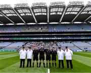 21 May 2022; Referee Caymon Flynn with his officials before the Lory Meagher Cup Final match between Longford and Louth at Croke Park in Dublin. Photo by Piaras Ó Mídheach/Sportsfile
