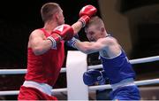 24 May 2022; Brandon McCarthy of Ireland, right, in action against Joseph Tyers of England in their lightweight round of 32 bout during the EUBC Elite Men's European Boxing Championships Preliminary Rounds at Karen Demirchyan Sports and Concerts Complex in Yerevan, Armenia. Photo by Hrach Khachatryan/Sportsfile