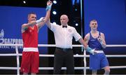 24 May 2022; Joseph Tyers of England is declared the winner over Brandon McCarthy of Ireland after their lightweight round of 32 bout during the EUBC Elite Men's European Boxing Championships Preliminary Rounds at Karen Demirchyan Sports and Concerts Complex in Yerevan, Armenia. Photo by Hrach Khachatryan/Sportsfile
