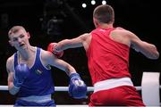 24 May 2022; Brandon McCarthy of Ireland, left, in action against Joseph Tyers of England in their lightweight round of 32 bout during the EUBC Elite Men's European Boxing Championships Preliminary Rounds at Karen Demirchyan Sports and Concerts Complex in Yerevan, Armenia. Photo by Hrach Khachatryan/Sportsfile