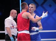 24 May 2022; Brandon McCarthy of Ireland, right, and Joseph Tyers of England after their lightweight round of 32 bout during the EUBC Elite Men's European Boxing Championships Preliminary Rounds at Karen Demirchyan Sports and Concerts Complex in Yerevan, Armenia. Photo by Hrach Khachatryan/Sportsfile