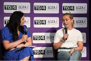 24 May 2022; Speaking during a panal discussion at the launch of the 2022 TG4 All-Ireland Ladies Football Championships in Croke Park is Clare Owens of Leitrim with MC Máire Ní Bhraonáin. TG4 has today announced a five-year extension of their sponsorship of the All-Ireland Ladies Football inter-county championships, with the new deal set to last until the conclusion of the 2027 season. The 2022 TG4 All-Ireland Ladies Football Championships get underway next Sunday, May 29, with the first round of Intermediate Fixtures, and will conclude on Sunday, July 31, when the winners of the Junior, Intermediate & Senior Championships will be revealed. 13 Championship games will be broadcast exclusively live by TG4 throughout the season, with the remaining 47 games available to view on the LGFA and TG4’s dedicated online platform: https://page.inplayer.com/lgfaseason2022/tg4.html In addition, the TG4 Leinster Senior Final between Dublin and Meath will also be televised live by TG4 from Croke Park next Saturday, May 28. #ProperFan . Photo by Eóin Noonan/Sportsfile