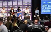 24 May 2022; Speaking during a panal discussion at the launch of the 2022 TG4 All-Ireland Ladies Football Championships in Croke Park are, from left, Orlagh Lally of Meath, Irish boxer Lisa O'Rourke, MC Máire Ní Bhraonáin, Clare Owens of Leitrim and Róisín Ambrose of Limerick. TG4 has today announced a five-year extension of their sponsorship of the All-Ireland Ladies Football inter-county championships, with the new deal set to last until the conclusion of the 2027 season. The 2022 TG4 All-Ireland Ladies Football Championships get underway next Sunday, May 29, with the first round of Intermediate Fixtures, and will conclude on Sunday, July 31, when the winners of the Junior, Intermediate & Senior Championships will be revealed. 13 Championship games will be broadcast exclusively live by TG4 throughout the season, with the remaining 47 games available to view on the LGFA and TG4’s dedicated online platform: https://page.inplayer.com/lgfaseason2022/tg4.html In addition, the TG4 Leinster Senior Final between Dublin and Meath will also be televised live by TG4 from Croke Park next Saturday, May 28. #ProperFan . Photo by Eóin Noonan/Sportsfile