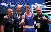 25 May 2022; John Paul Hale of Ireland celebrates with his coaches, from left to right, Dmitri Dmitruk, Damian Kennedy and Zaur Antia following his victory over Arslan Khataev of Finland in their lightweight round of 16 bout during the EUBC Elite Men's European Boxing Championships Preliminary Rounds at Karen Demirchyan Sports and Concerts Complex in Yerevan, Armenia. Photo by Hrach Khachatryan/Sportsfile