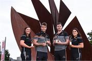 26 May 2022; Awards winners, from left, PwC GPA Player of the Month for April in ladies football, Michelle Guckian of Leitrim, PwC GAA/GPA Player of the Month for April in football, Paul Conroy of Galway, PwC GAA/GPA Player of the Month for April in hurling, Diarmaid Byrnes of Limerick, and PwC GPA Player of the Month for April in camogie, Miriam Walsh of Kilkenny, at Eyre Square in Galway. Photo by Piaras Ó Mídheach/Sportsfile