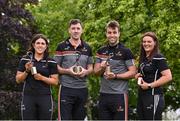 26 May 2022; Awards winners, from left, PwC GPA Player of the Month for April in camogie, Miriam Walsh of Kilkenny, PwC GAA/GPA Player of the Month for April in football, Paul Conroy of Galway, PwC GAA/GPA Player of the Month for April in hurling, Diarmaid Byrnes of Limerick, and PwC GPA Player of the Month for April in ladies football, Michelle Guckian of Leitrim, at Eyre Square in Galway. Photo by Piaras Ó Mídheach/Sportsfile