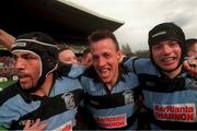 25 April 1998; Man of the Match Andrew Thompson of Shannon, centre, celebrates with team-mates Rhys Ellison, left, and Paul McMahon following the AIB All-Ireland League Division 1 Final match between Garryowen and Shannon at Lansdowne Road in Dublin. Photo by Matt Browne/Sportsfile