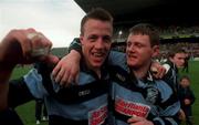 25th April 1998; Man of the Match Andrew Thompson of Shannon, Left, celebrates with team-mate Jason Hayes following the AIB All-Ireland League Division 1 Final match between Garryowen and Shannon at Lansdowne Road in Dublin. Photo by Ray McManus/Sportsfile