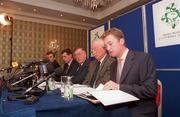 9 October 1998; Billy Laverys addresses the media while President of the IRFU Noel Murphy, centre looks on during a press conference relating to anti- doping regulations at the Berkeley Court Hotel in Dublin. Photo by Matt Browne/Sportsfile