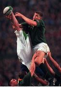 28 November 1998; Malcolm O'Kelly of Ireland goes up in a lineout with Krynauw Otto of South Africa during a International Friendly Match between Ireland and South Africa at Landsdowne Road in Dublin. Photo by Brendan Moran/Sportsfile