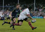 7 May 2004; David Humphreys, Ulster, goes over for his try against Leinster Lions. Celtic League 2003-2004, Division 1, Ulster v Leinster Lions, Ravenhill, Belfast. Picture credit; Matt Browne / SPORTSFILE *EDI*