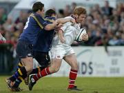 7 May 2004; Shane Stewart, Ulster, is tackled by Matt Leek, left, and John Hearty, Leinster Lions. Celtic League 2003-2004, Division 1, Ulster v Leinster Lions, Ravenhill, Belfast. Picture credit; Matt Browne / SPORTSFILE *EDI*