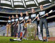 13 May 2004; At the launch of the 2004 Guinness All-Ireland Hurling Championship at Croke Park are from left, Gary Hanniffy, Offaly, Martin Comerford, Kilkenny, Sean McMahon, Clare, Ken McGrath, Waterford, TJ Ryan, Limerick, Ben O'Connor, Cork, and Ollie Canning, Galway. Picture credit; Brendan Moran / SPORTSFILE