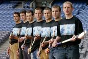 13 May 2004; At the launch of the 2004 Guinness All-Ireland Hurling Championship at Croke Park are from left, Gary Hanniffy, Offaly, Martin Comerford, Kilkenny, Sean McMahon, Clare, Ken McGrath, Waterford,  TJ Ryan, Limerick, Ben O'Connor, Cork, and Ollie Canning, Galway. Croke Park, Dublin. Picture credit; Brendan Moran / SPORTSFILE