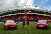 7 August 2013; SEAT, Ireland’s fastest growing car brand, today announced a new partnership with Munster Rugby. The three year deal will see SEAT become the official car partner to Munster Rugby and title sponsor of the Munster Schools Senior and Junior Cups. The partnership also includes SEAT supporting all pre-season Munster Senior Rugby Team matches in Thomond Park in the newly entitled “SEAT Series”, which will kick off on the 24th of August when Munster take on Gloucester. Munster’s star players Mike Sherry, BJ Botha, Keith Earls and Andrew Conway along with Cian O’Brien, Director of SEAT and Garrett Fitzgerald, CEO Munster Rugby were all present to launch the partnership. For further information on SEAT Ireland www.SEAT.ie and for Munster Rugby visit www.MunsterRugby.ie. Pictured are Munster's Andrew Conway with Mike Sherry, left, and BJ Botha. Thomond Park, Limerick. Picture credit: Matt Browne / SPORTSFILE