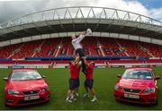 7 August 2013; SEAT, Ireland’s fastest growing car brand, today announced a new partnership with Munster Rugby. The three year deal will see SEAT become the official car partner to Munster Rugby and title sponsor of the Munster Schools Senior and Junior Cups. The partnership also includes SEAT supporting all pre-season Munster Senior Rugby Team matches in Thomond Park in the newly entitled “SEAT Series”, which will kick off on the 24th of August when Munster take on Gloucester. Munster’s star players Mike Sherry, BJ Botha, Keith Earls and Andrew Conway along with Cian O’Brien, Director of SEAT and Garrett Fitzgerald, CEO Munster Rugby were all present to launch the partnership. For further information on SEAT Ireland www.SEAT.ie and for Munster Rugby visit www.MunsterRugby.ie. Pictured are Cian O'Brien, Director of SEAT Ireland with Munster players Mike Sherry, left, BJ Botha and Andrew Conway. Thomond Park, Limerick. Picture credit: Matt Browne / SPORTSFILE