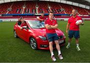 7 August 2013; SEAT, Ireland’s fastest growing car brand, today announced a new partnership with Munster Rugby. The three year deal will see SEAT become the official car partner to Munster Rugby and title sponsor of the Munster Schools Senior and Junior Cups. The partnership also includes SEAT supporting all pre-season Munster Senior Rugby Team matches in Thomond Park in the newly entitled “SEAT Series”, which will kick off on the 24th of August when Munster take on Gloucester. Munster’s star players Mike Sherry, BJ Botha, Keith Earls and Andrew Conway along with Cian O’Brien, Director of SEAT and Garrett Fitzgerald, CEO Munster Rugby were all present to launch the partnership. For further information on SEAT Ireland www.SEAT.ie and for Munster Rugby visit www.MunsterRugby.ie. Pictured are Munster's Keith Earls, Andrew Conway, Mike Sherry and BJ Botha. Thomond Park, Limerick. Picture credit: Matt Browne / SPORTSFILE