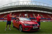 7 August 2013; SEAT, Ireland’s fastest growing car brand, today announced a new partnership with Munster Rugby. The three year deal will see SEAT become the official car partner to Munster Rugby and title sponsor of the Munster Schools Senior and Junior Cups. The partnership also includes SEAT supporting all pre-season Munster Senior Rugby Team matches in Thomond Park in the newly entitled “SEAT Series”, which will kick off on the 24th of August when Munster take on Gloucester. Munster’s star players Mike Sherry, BJ Botha, Keith Earls and Andrew Conway along with Cian O’Brien, Director of SEAT and Garrett Fitzgerald, CEO Munster Rugby were all present to launch the partnership. For further information on SEAT Ireland www.SEAT.ie and for Munster Rugby visit www.MunsterRugby.ie. Pictured are Munster's Keith Earls with Mike Sherry, left, and Andrew Conway. Thomond Park, Limerick. Picture credit: Matt Browne / SPORTSFILE