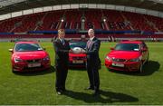 7 August 2013; SEAT, Ireland’s fastest growing car brand, today announced a new partnership with Munster Rugby. The three year deal will see SEAT become the official car partner to Munster Rugby and title sponsor of the Munster Schools Senior and Junior Cups. The partnership also includes SEAT supporting all pre-season Munster Senior Rugby Team matches in Thomond Park in the newly entitled “SEAT Series”, which will kick off on the 24th of August when Munster take on Gloucester. Munster’s star players Mike Sherry, BJ Botha, Keith Earls and Andrew Conway along with Cian O’Brien, Director of SEAT and Garrett Fitzgerald, CEO Munster Rugby were all present to launch the partnership. For further information on SEAT Ireland www.SEAT.ie and for Munster Rugby visit www.MunsterRugby.ie. Pictured are Munster Chief Executive Garrett Fitzgerald, left, and Cian O'Brien, Director of SEAT Ireland. Thomond Park, Limerick. Picture credit: Matt Browne / SPORTSFILE