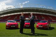 7 August 2013; SEAT, Ireland’s fastest growing car brand, today announced a new partnership with Munster Rugby. The three year deal will see SEAT become the official car partner to Munster Rugby and title sponsor of the Munster Schools Senior and Junior Cups. The partnership also includes SEAT supporting all pre-season Munster Senior Rugby Team matches in Thomond Park in the newly entitled “SEAT Series”, which will kick off on the 24th of August when Munster take on Gloucester. Munster’s star players Mike Sherry, BJ Botha, Keith Earls and Andrew Conway along with Cian O’Brien, Director of SEAT and Garrett Fitzgerald, CEO Munster Rugby were all present to launch the partnership. For further information on SEAT Ireland www.SEAT.ie and for Munster Rugby visit www.MunsterRugby.ie. Pictured are Munster Chief Executive Garrett Fitzgerald, left, and Cian O'Brien, Director of SEAT Ireland. Thomond Park, Limerick. Picture credit: Matt Browne / SPORTSFILE