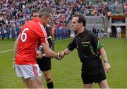 3 August 2013; Referee David Coldrick shakes hands with Cork captain Graham Canty. GAA Football All-Ireland Senior Championship, Quarter-Final, Dublin v Cork, Croke Park, Dublin. Picture credit: Ray McManus / SPORTSFILE