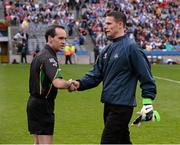 3 August 2013; Referee David Coldrick shakes hands with Dublin captain Stephen Cluxton. GAA Football All-Ireland Senior Championship, Quarter-Final, Dublin v Cork, Croke Park, Dublin. Picture credit: Ray McManus / SPORTSFILE