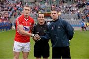 3 August 2013; Referee David Coldrick with Dublin captain Stephen Cluxton, right, and Cork captain Graham Canty before the GAA Football All-Ireland Senior Championship Quarter-Final match between Dublin and Cork at Croke Park in Dublin. Photo by Ray McManus/Sportsfile