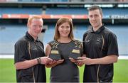 6 August 2013; The GAA / GPA All-Stars, sponsored by Opel, are delighted to announce Cian Mackey, Cavan, and Paul Ryan, Dublin, as the Players of the Month for July in football and hurling respectively. Laura Condron, Senior Brand & PR Manager Opel Ireland, presented Cian, left, and Paul with their GAA / GPA Player of the Month Award for July, sponsored by Opel, at a press conference in Croke Park, Dublin. Picture credit: Brendan Moran / SPORTSFILE