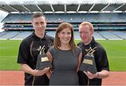 6 August 2013; The GAA / GPA All-Stars, sponsored by Opel, are delighted to announce Cian Mackey, Cavan, and Paul Ryan, Dublin, as the Players of the Month for July in football and hurling respectively. Laura Condron, Senior Brand & PR Manager Opel Ireland, presented Paul, left, and Cian with their GAA / GPA Player of the Month Award for July, sponsored by Opel, at a press conference in Croke Park, Dublin. Picture credit: Brendan Moran / SPORTSFILE