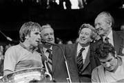 Sept 1981; Kerry captain Jimmy Deenihan makes his side's victory speech alongside An Taoiseach Garret FitzGerald, T.D. and GAA President Paddy McFlynn. All-Ireland Football Final, Kerry v Offaly, Croke Park. Picture Credit: Ray McManus / SPORTSFILE