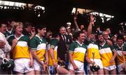 6 September 1981; Uachtarán Chumann Lúthchleas Gael Paddy McFlynn address the crowd after he presented Offaly captain Padraig Horan with the Liam MacCarthy Cup after the All-Ireland Senior Hurling Championship Final match between Offaly and Galway at Croke Park in Dublin. Photo by Ray McManus/Sportsfile