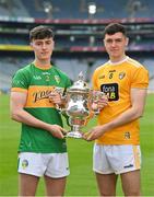 26 May 2022; Mark Diffley of Leitrim, left, and Conor Stewart of Antrim during the Tailteann Cup launch at Croke Park in Dublin. Photo by Ramsey Cardy/Sportsfile